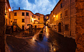 Piazza della Repubblica square with fountain, alley in the town of Bomarzo, hilltown, province of Viterbo, Lazio, Italy, Europe