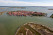 Aerial view of the Venetian Lagoon with salt marshes, Barene near the Island of Burano, Veneto, Italy