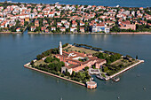 Aerial view of Venice, Island of San Lazzaro with monastery, Lido, Mediterranian Sea, Venice, Veneto, Italy
