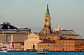 Cruise ship protest, Cruise ship being towed in Giudecca Canal, near San Giorgio Maggiore, Venice, Veneto, Italy