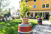 Barrels on a path to a chocolaterie, Weissig, Saxony, Germany
