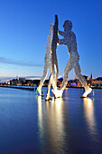 Illuminated artwork Molecule Man above the river Spree, artist Jonathan Borofsky, Berlin, Germany