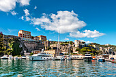 Marina Piccola Harbour with Grand Hotel Excelsior in the background, Sorrento, Peninsula of Sorrento, Bay of Naples, Campania, Italy