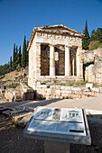 Das Schatzhaus der Athener im Heiligtum der Athena Pronaia an den Ruinen von Delphi, Delphi, Peloponnes, Griechenland, Europa
