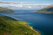 View of the fjord, Sjonafjord and the rocky isle of Lovunden, Province of Nordland, Nordland, Norway, Europe