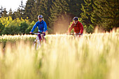 Two cyclists riding electric bicycles between fields, Tanna, Thuringia, Germany