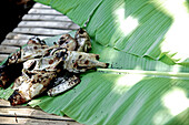 Prepared fish on palm leaves, Denpasar, Bali, Indonesia