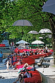 Sommer-Kulturstrand, beach on Praterinsel, Munich, Upper Bavaria, Bavaria, Germany