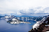 View of a snow covered island in Crater Lake, Oregon Crater lake, Oregon, USA
