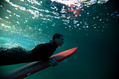 A male surfer duck dives a wave Malibu, California, United States of America