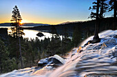 Eagle Falls cascades down into Emerald Bay at sunrise in Lake Tahoe, California Lake Tahoe, California, USA