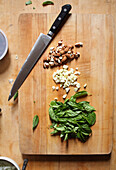 Cutting board with ingredients for Pesto, San Francisco, California, United States