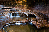 Dark pools of water cascade down the Subway Canyon in Zion National Park, Utah Zion National Park, Utah, USA