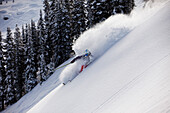 A athletic skier rips fresh deep powder turns in the backcountry on a stormy day in Colorado Vail, Colorado, USA