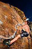 Rock climber climbing the Prow at Rotary Park adjacent to Horsetooth Reservoir in  Fort Collins, Colorado, USA, Fort Collins, Colorado, USA