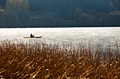 A athletic retired man kayaking at sunrise across a foggy lake in Idaho., Sandpoint, Idaho, USA
