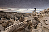A man hiking through the complex sandstone rock formations at Bisti Badlands, Farmington, New Mexico., Farmington, New Mexico, usa