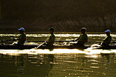 The Lake Casitas Men's Rowing Team works on some drills at Lake Casitas in Ojai, California., Ojai, California, United States of America