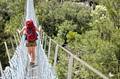 Hiker crossing the Bowtell Swing Bridge Blue Mountains, New South Wales, Australia