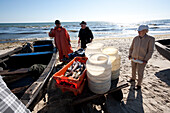 Fishermen on the beach, Baabe, Ruegen, Baltic Sea, Mecklenburg-Vorpommern, Germany