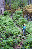 Hispanic woman hiking in woods, Squamish, British Columbia, Canada