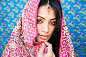Indian woman in glamorous traditional clothing, Los Angeles, California, USA