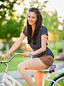 Caucasian woman sitting on bicycle, Salt Lake, Utah, United States