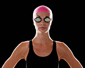 Caucasian swimmer in swim cap and goggles, Lehi, Utah, USA