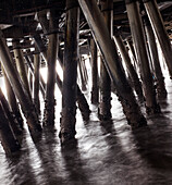 Wooden pillars of boardwalk in waves, Los Angeles, California, USA
