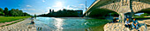 People along the banks of the river Isar at Reichenbach bridge, St. Maximilians church in the background, Munich, Upper Bavaria, Bavaria, Germany