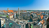 View from Alten Peter down to Marienplatz square with Marienkirche and Theatinerkirche, Munich, Upper Bavaria, Bavaria, Germany
