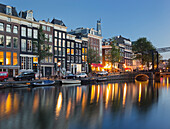 Houses along the Kloveniersburgwal in the evening, Amsterdam, Netherlands