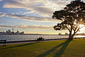 Couple sitting on a bench looking at the Auckland skyline, Stanley Bay, North Island, New Zealand