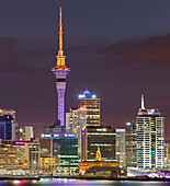 Stanley Bay and Auckland Skyline at night, North Island, New Zealand