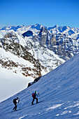 Two back-country skier ascending to Agglsspitze, Tribulaun and Zillertal Alps in background, Agglsspitze, Pflersch Valley, Stubai Alps, South Tyrol, Italy
