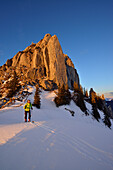 Skitourengeherin steigt zum Risserkogel auf, Blankenstein im Hintergrund, Bayerischen Voralpen, Oberbayern, Bayern, Deutschland