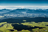 Aerial photo, fields and meadows with view towards the Alps, near Tegernsee, Upper Bavaria, Bavaria, Germany