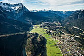 Aerial photo of Garmisch-Partenkirchen and Zugspitze, Upper Bavaria, Bavaria, Germany