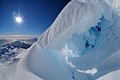 Ice formations, bergschrund of the north face of Monte Sarmiento, Cordillera Darwin, Tierra del Fuego, Chile