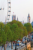 South Bank, London Eye und Westminster Palace, aka Houses of Parliament, Westminster, London, England, Vereinigtes Königreich