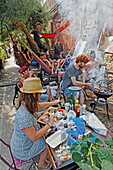 Grill party at a houseboat village on Regent's Canal, Camden, London, England, United Kingdom