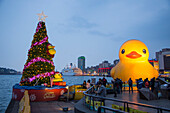 Weihnachtsbaum und Rubber Duck überdimensionale aufblasbare Ente vom niederländischen Künstler Florentijn Hofman im Hafenbecken, Keelung, Nördliches Taiwan, Taiwan
