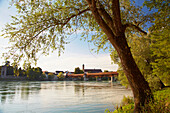 Blick auf gedeckte Holzbrücke und Münster St. Fridolin in Bad Säckingen, Hochrhein, Baden-Württemberg, Deutschland, Europa