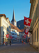 Poststraße mit Turm von St. Martin, Altstadt von Chur, Rhein, Alpenrhein, Kanton Graubünden, Schweiz, Europa