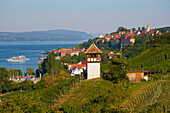 View over Meersburg at Lake Ueberlingen, Bodensee, Baden-Wuerttemberg, Germany, Europe