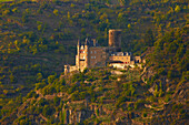 Blick von der Loreley bei St. Goarshausen auf Burg Katz, Mittelrhein, Rheinland-Pfalz, Deutschland, Europa