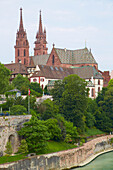 View over the river Rhine to the Minster, Basel, Switzerland, Europe