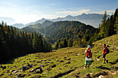 Women hiking to lake Taubensee, Reit im Winkl, Chiemgau, Bavaria, Germany
