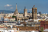 Panoramic view of the Ciutat Vella, Old city center of Barcelona, from the roof top of Barcelo Raval Hotel, Barcelona, Catalonia, Spain