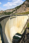 Catalunya, Spain, Lleida province, Llosa del Cavall dam at practically full capacity of 79,4 cubic hectometeres on the Cardoner river, near Naves, Guixers and Sant LlorenÃ§ de Morunys all municipalities on the Solsones area.
